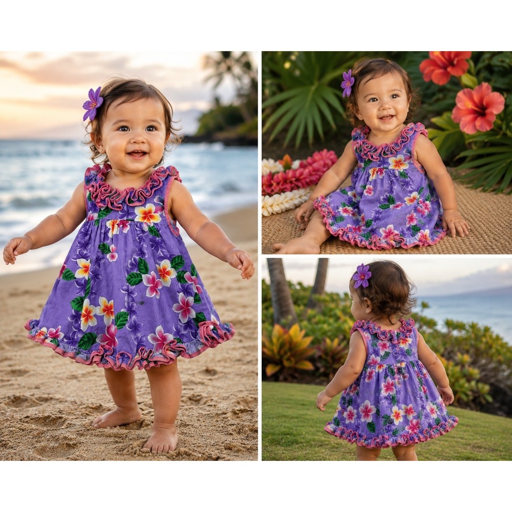 RJC Floral Plumeria Dress Baby Girls 18M Purple Excellent Made in Hawaii Ruffle